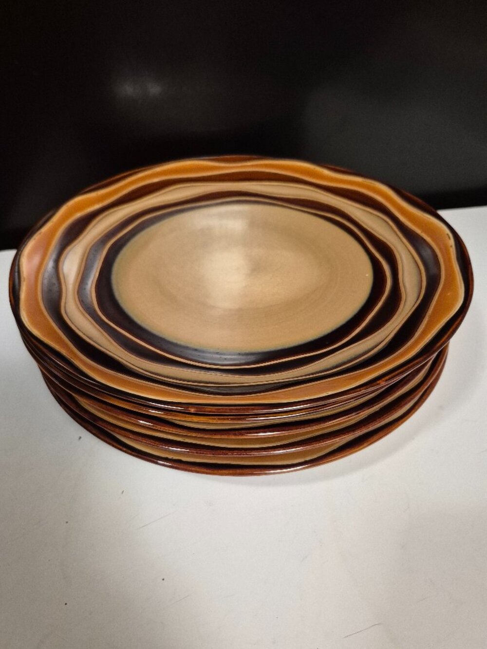 VINTAGE SABATIER WAVES BROWN DINNER STONEWARE PATTERN PLATES (SET OF 5) 11"